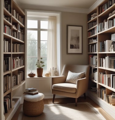 A cozy corner with a reading nook and decor.