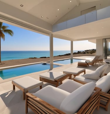 A panoramic view of a luxurious pool area with city lights in the background.