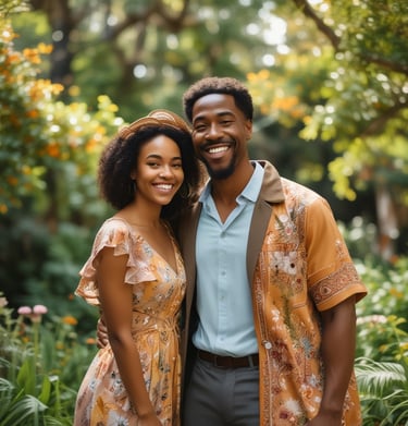 African beautiful couple taking a portrait together at the botanical garden