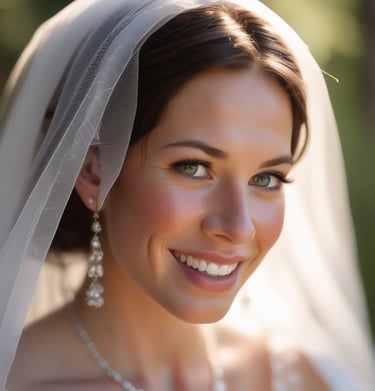 A close-up of a bride’s joyful expression, her veil softly glowing in natural light.