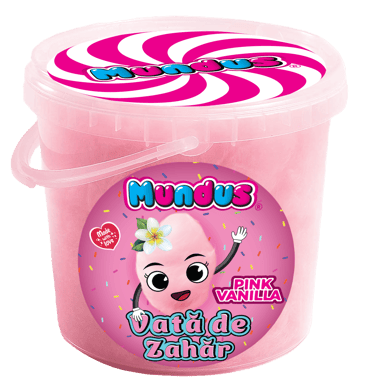 Vată de zahăr Mundus 50g cu aromă vanilie – desert roz pufos pentru copii