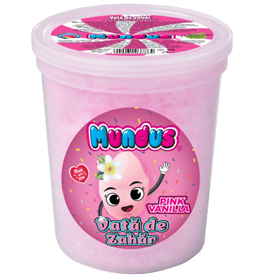 Desert pentru copii – vată de zahăr roz Mundus, 20g, vanilie, gust clasic de neuitat