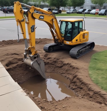 A construction site with large piles of earth and heavy machinery. An excavator with a yellow arm is actively digging beside mounds of dirt, and a small vehicle is parked nearby. The area shows clear marks of recent excavation, with tracks from machinery visible on the ground.