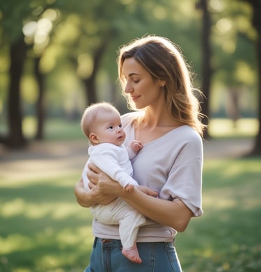 A mother gently cradling her baby in a serene park.