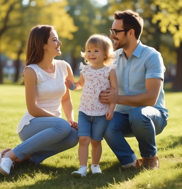 A happy family enjoying a picnic in a sunny field.