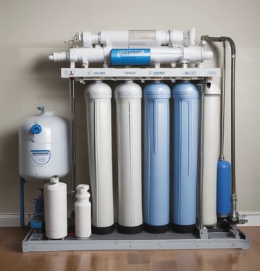 Two large red industrial pipes with pressure gauges and valves are mounted on a utility wall. The pipes have labels with numbers and are connected to other smaller pipes and devices.