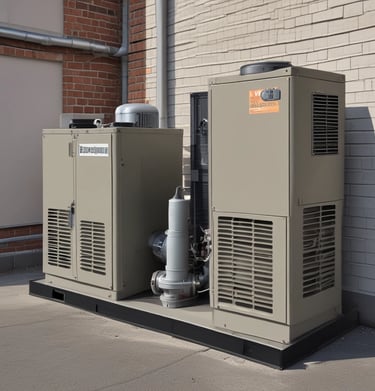 Multiple metal pipes are mounted along a textured concrete wall. The pipes vary in size and are arranged both vertically and horizontally, connected by clamps and a junction box.