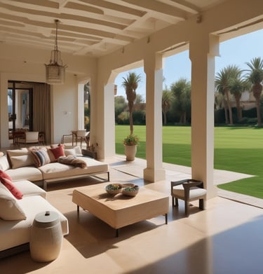 An aerial view of a serene tropical villa surrounded by lush greenery. The villa features traditional thatched roofs with red accents and a rectangular swimming pool. A path leads through well-manicured gardens filled with palm trees and vibrant plants. There are umbrellas and seating areas around the pool area, providing a tranquil, vacation-like atmosphere.