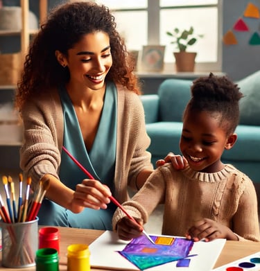 a woman and child are smiling and playing with paint