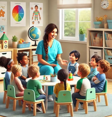 a woman sitting at a table with children's toys