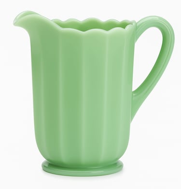 A vintage-style jadeite green glass pitcher with vertical ridges and a scalloped rim