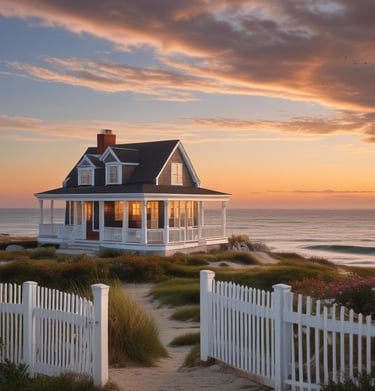 An elegant hillside estate surrounded by lush green foliage, set against a backdrop of partly cloudy skies. The estate includes large, ornate buildings with rustic red roofs and a cottage near the water's edge.