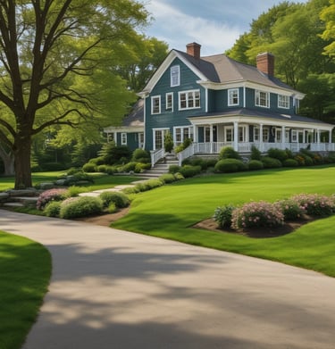 An aerial view of a luxury waterfront property with a contemporary architectural style featuring geometric shapes and a terracotta-colored roof. A sleek white boat navigates the adjacent dark green water. A rectangular swimming pool is visible in the backyard, surrounded by palm trees and a patio.