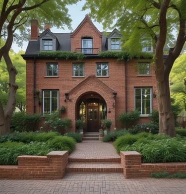 An elegant, large estate with intricate architecture, featuring numerous spires and chimneys. A manicured lawn with symmetrical stripes leads to a fountain in front of the building. Lush green trees line both sides of the pathway, and there is a tram on a paved road to the right.