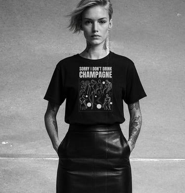 Black-and-white portrait of a woman wearing the NOVIP ‘Sorry I Don’t Drink Champagne’ graphic T-shir