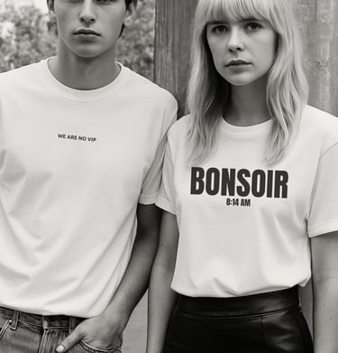 Black-and-white portrait of couple wearing NOVIP tees: ‘We Are No VIP’ and ‘Bonsoir 8:14 AM