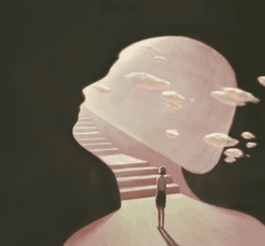 une femme devant les marches menant à son cerveau et son imagination