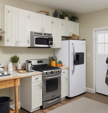 A modern retail space features minimalist design with display shelves along one wall holding neatly organized packages. A central table displays electronic devices on stands. Large windows allow natural light to brighten the space, where potted plants add a touch of greenery.