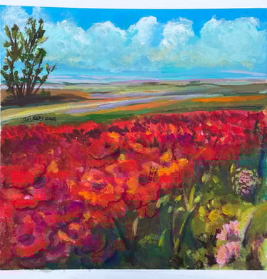Gouache painting of a vibrant red poppy field under a bright blue sky with white clouds.