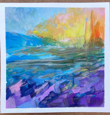Abstract gouache pastel landscape painting featuring vibrant blue, purple, and yellow sunset hues.