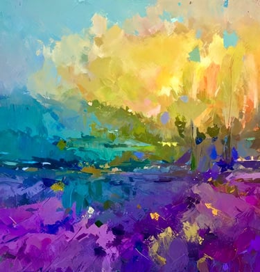 Vibrant abstract painting of a field of purple flowers under a glowing yellow sky with thick brushstrokes.