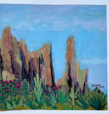 Gouache painting of desert rock formations with cacti and pink wildflowers under a blue sky.