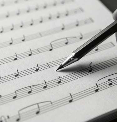 A close-up of sheet music with hand-written notes in pencil, black and white photography, North American / Mexican studio setting, shallow depth of field.