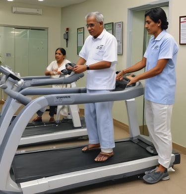 A cardiologist conducting a treadmill test with a patient walking steadily under supervision.