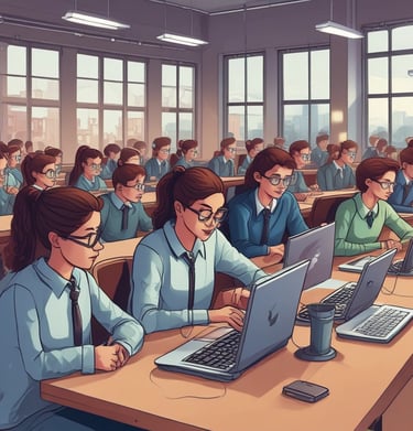 A computer lab with several rows of black desktop computers placed on tables, each connected with various cables. The room has a blue carpet and the walls have bulletin boards with posters. The arrangement suggests a classroom or training environment.