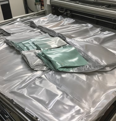 A hand holds two small plastic packages containing a product with labeling. The background shows foliage and a cloudy sky.