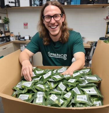 Several large plastic bags filled with what appears to be buds, possibly of a plant or herb, are arranged on a table. Next to the bags, there is a transparent bottle with a label, and in the background, glass jars and other containers can be seen.