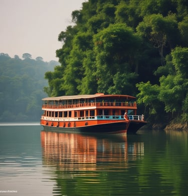 The Jamuna River with lush greenery and a luxury cruise ship.