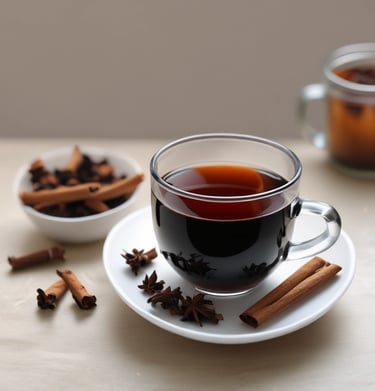 Various spices are arranged on a white plate and in a decorative bowl. The bowl contains colorful ground spices, including yellow turmeric, brown cumin, and red chili powder. On the plate are whole spices such as star anise, cinnamon sticks, fennel seeds, bay leaves, and cardamom pods. In the background, there is a plate with sliced onions and a bowl of green leafy vegetables.