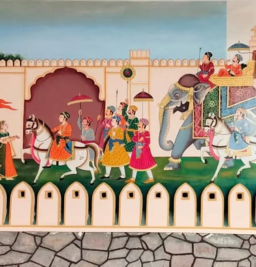 A colorful mural showcasing Indian individuals in traditional attire, enhancing the ambiance of the room