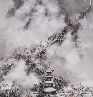 village dans la neige peinture chinoise