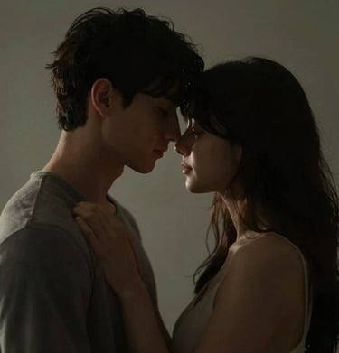 Intimate cinematic portrait of a couple in shadows, highlights in #E2D7C3, dramatic and moody lighting.