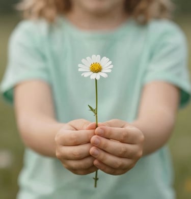Detail of a child's hand holding a wildflower, cinematic focus, soft #AD7B5B and #E2D7C3 tones.