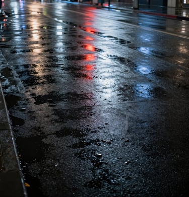 Cinematic night photography of a North American / US city street, neon reflections in light silver on wet pavement, charcoal gray shadows, deep contrast.