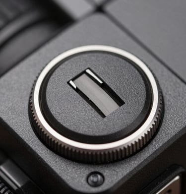 Macro shot of a camera shutter button being pressed, charcoal gray metal texture, light silver highlights, professional product photography.