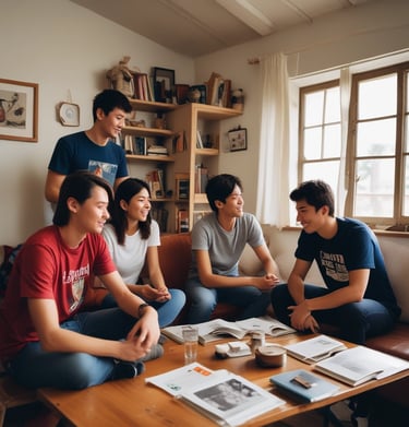 A group of diverse young adults enjoying a communal area.