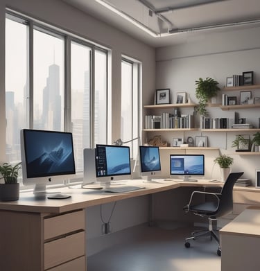 A conference room with a long wooden table surrounded by chairs covered in protective plastic. Multiple computer monitors are placed on tables against the walls, each displaying nature-themed images. The walls are lined with wood paneling, and a sign indicating a center for artificial intelligence is displayed at the front. There are decorative flower arrangements on the table, and the overall setup suggests a professional environment.