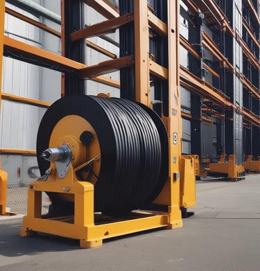 A large industrial shipping port with cranes towering over a wide area. Multiple cargo containers are neatly arranged on the ground, with some labeled with brand names. The background includes a body of water with large ships, contributing to a busy and industrious atmosphere.