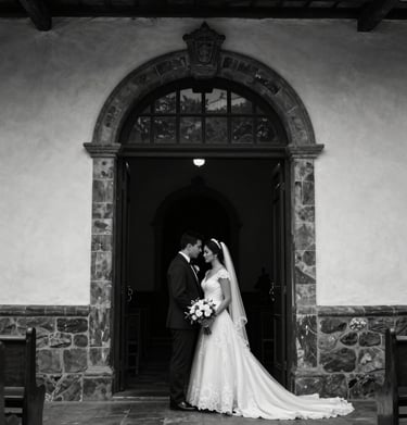 A bride and groom sharing a quiet moment in a South American / Colombian church entrance, dramatic lighting, charcoal black shadows and soft white highlights.