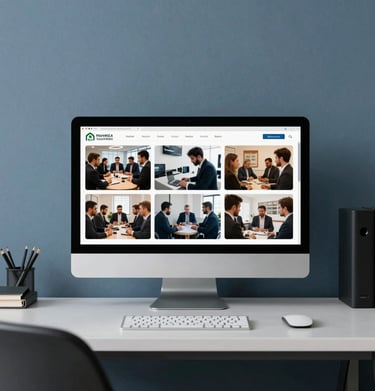 Minimalist photography office in Palmira Valle with a large monitor displaying social event photos, slate blue walls, professional and clean workspace.