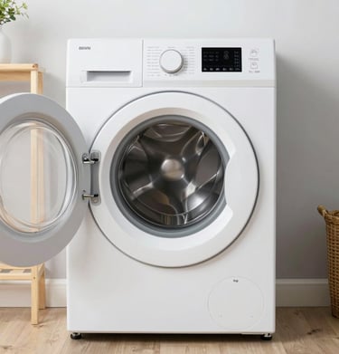 A sleek modern laundry machine humming quietly with a transparent door showing spinning clothes.