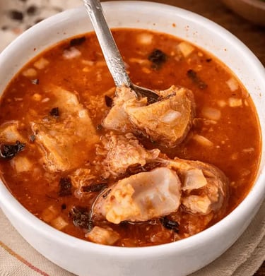 Menudo de res tradicional en caldo rojo servido en bowl en Querétaro.
