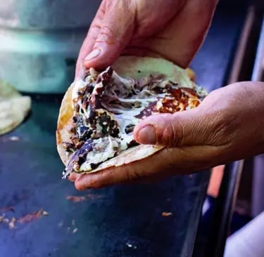 Taco de barbacoa con queso fundido recién preparado en comal en Querétaro.