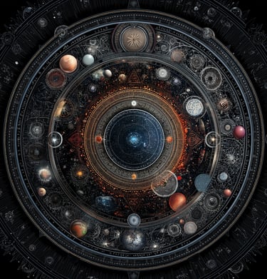 a circular object with a clock and planets