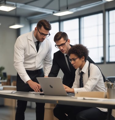 A team of professionals discussing project plans in an office.