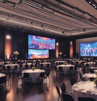 Technological video screens displaying vibrant visuals at a business conference.